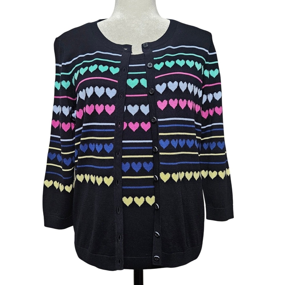 Talbots Heart Twinset Cardigan MP Tank S Navy Rainbow Y2K Preppy Sweater Set